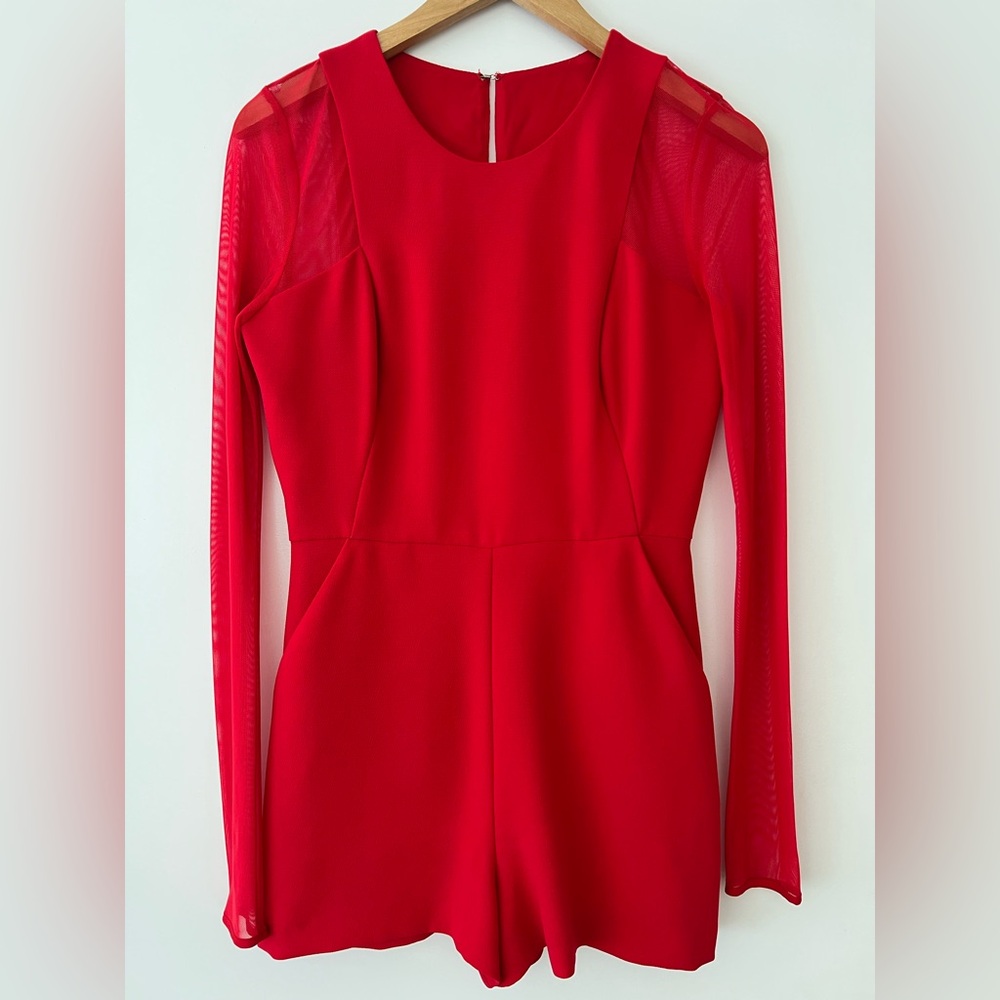 BCBGMaxAzria Red Long Sleeve Mesh Romper